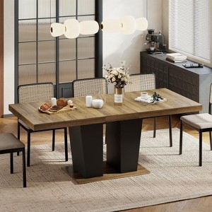 Zevemomo63"-78.7"Expandable Farmhouse Table,6-10 Seater Wooden Table with Metal Track&Dual Column Base,Brown Rectangular Table for Living Room& Office - 1 of 4