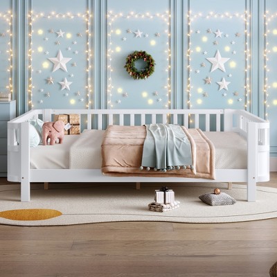 JUJABU Twin XL Size  Wood Platform Bed for Kids, with Safety Guardrails & Detachable Fence