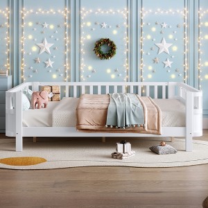 JUJABU Twin XL Size  Wood Platform Bed for Kids, with Safety Guardrails & Detachable Fence - 1 of 4