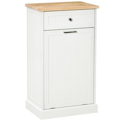 HOMCOM Kitchen Tilt Out Trash Bin Cabinet Free Standing Recycling Cabinet Trash Can Holder With Drawer, White Oak