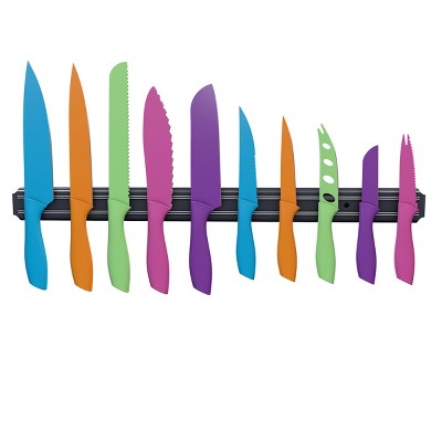 Hastings Home 10-Piece Knife Set and Magnetic Bar With Long and Short Blades
