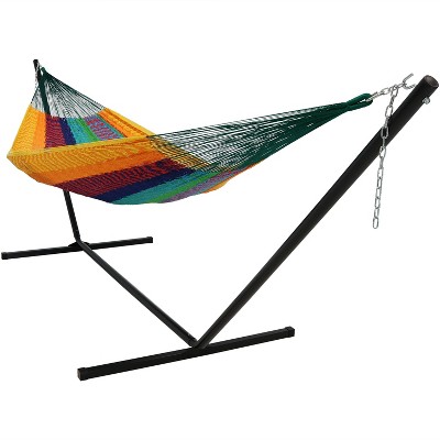 Sunnydaze Mayan Family Hammock Hand-Woven XXL Thick Cord with Stand - 400 lb Weight Capacity/15' Stand - Multicolored