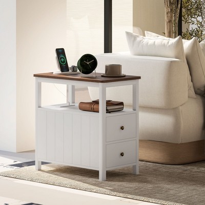 White and Brown Wood End Table with Charging Station and Storage