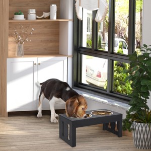 23" Elevated Dog Bowl Stand with 2 Stainless Steel Bowls,Raised Feeder for Large Dogs,Heavy Duty Wooden Pet Feeding Station-LAOTIES - 1 of 4