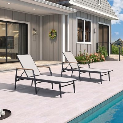 PURPLE LEAF Outdoor Chaise Lounge Chair Set of 2 Patio Pool Lounger Chairs with Wooden Armrest Sunbathing Tanning Recliner for Outside Backyard Beige