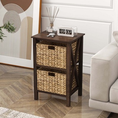 Walnut and Natural Rubber Wood Nightstands with Seagrass Baskets, Set of 2