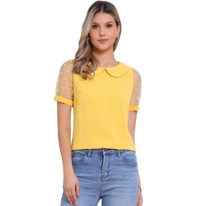 INSPIRE CHIC Women's Vintage Peter Pan Collar Puff Polka Dots Mesh Short Sleeve Blouse - 1 of 4