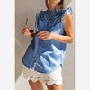 Amaryllis Women’s Sleeveless Ruffle Trim Button Front Chambray Blouse Lightweight Denim Look Polished Casual Top - 2 of 4