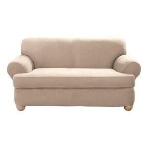 Taupe Stretch Suede T-Loveseat Slipcover - Sure Fit, Brown