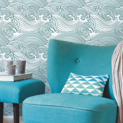 Teal and White Asian Waves Peel and Stick Wallpaper Roll