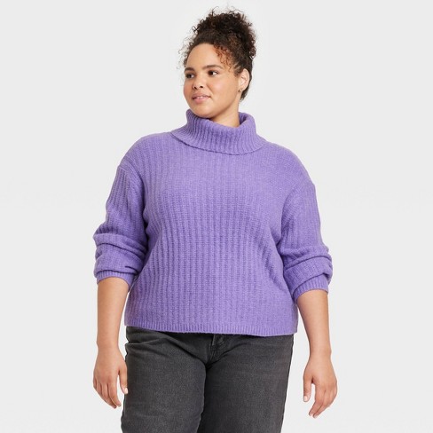 Ayla Cable Knit Zip Mock Neck Pullover Purple