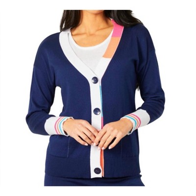 Women's V-Neck Stripe Button Cardigan - Angel Apparel