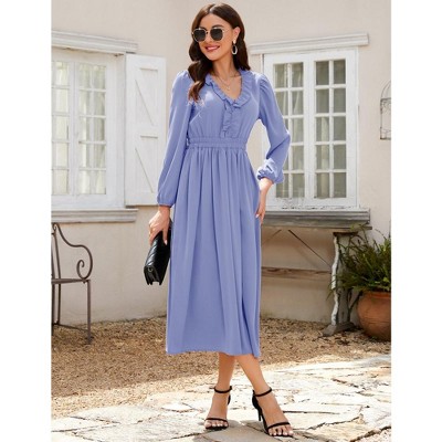 Womens Pleated Party Dress Long Sleeve V Neck Ruffle Elastic Empire Waist Wedding Guest Cocktail Dress