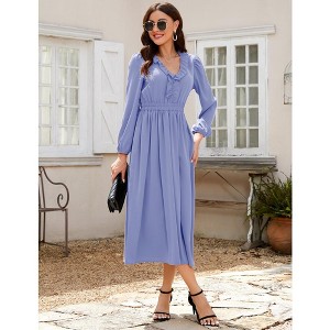 Womens Pleated Party Dress Long Sleeve V Neck Ruffle Elastic Empire Waist Wedding Guest Cocktail Dress - 1 of 4