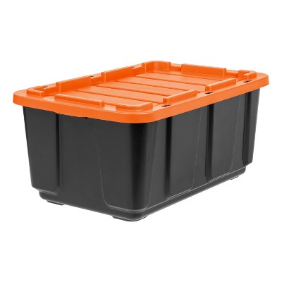 Heavy-Duty Black and Orange Stackable Plastic Storage Totes, 27 Gallons, 3 Pack