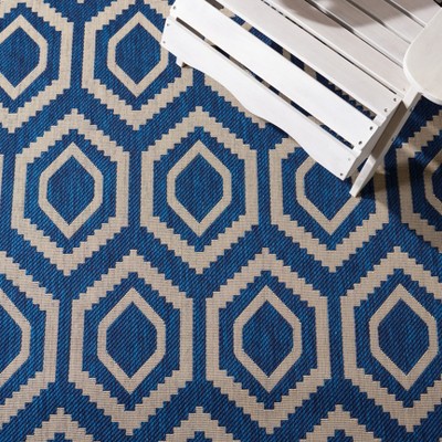 Navy and Beige Square Synthetic Geometric Area Rug