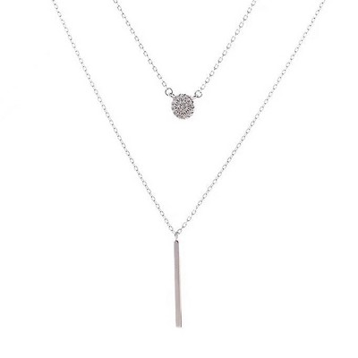 Boersma Trendy Silver Double Chain Necklace for Women – Long Stick Pendant with Micro Pave Zircon Round Charm, Elegant Layered Jewelry