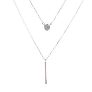 Boersma Trendy Silver Double Chain Necklace for Women – Long Stick Pendant with Micro Pave Zircon Round Charm, Elegant Layered Jewelry - 1 of 4