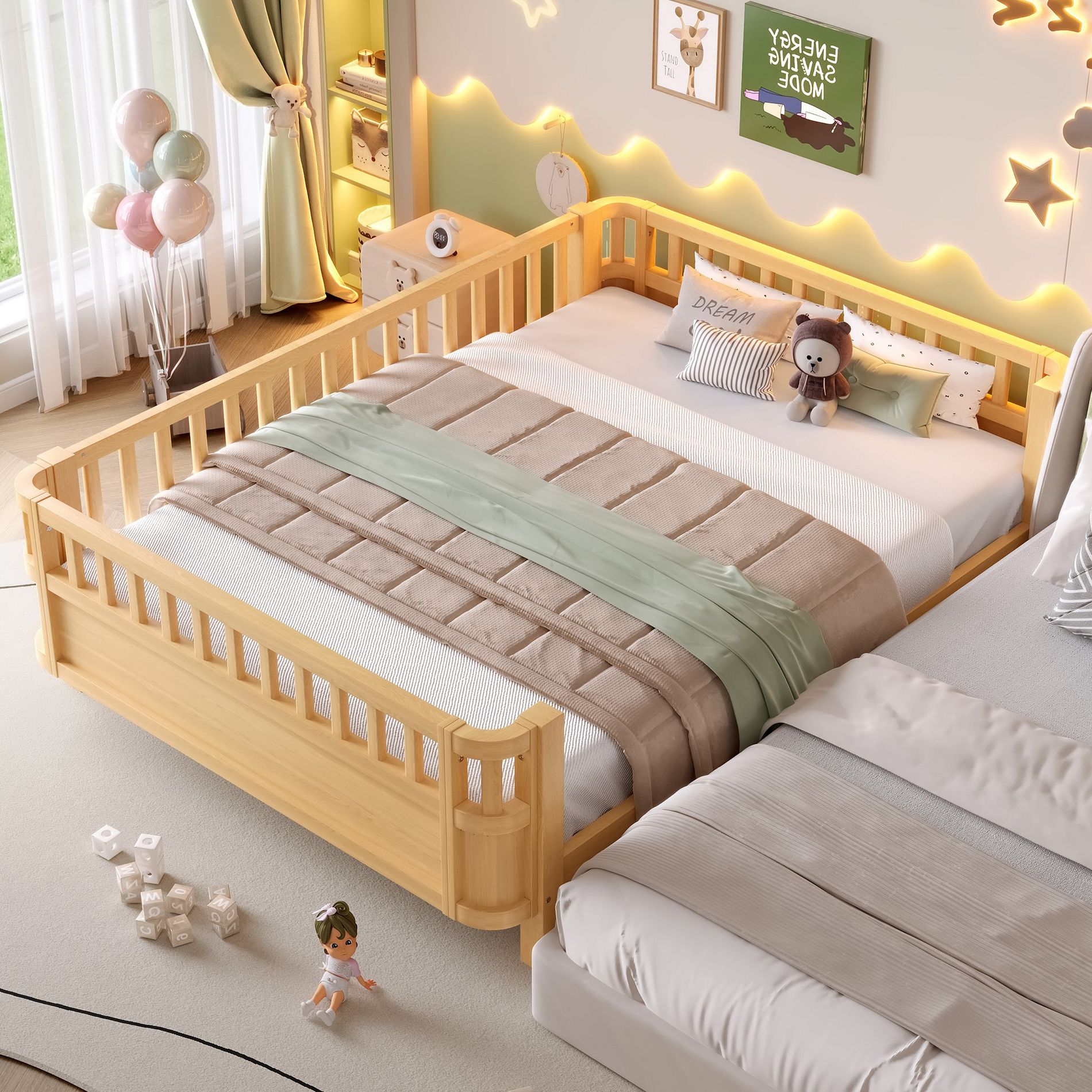 KTMBDW Montessori Toddler Bed with Wood Slats for Kids, Wood Platform Bed with Safety Guardrails & Detachable Fence, Low To Floor Design