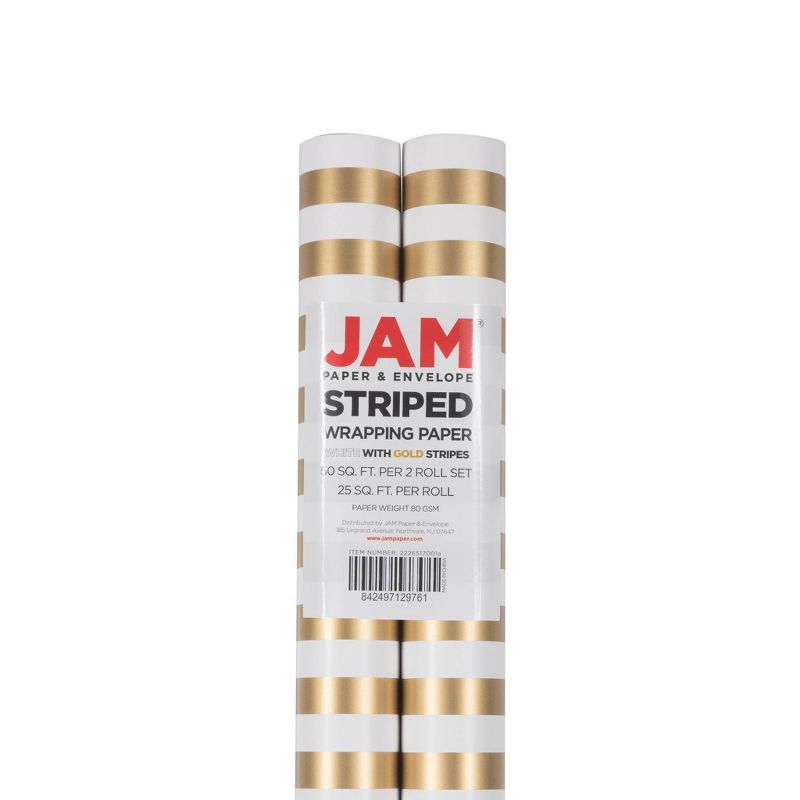 JAM Paper &#38; Envelope 2ct Striped Gift Wrap Rolls Gold, 1 of 6