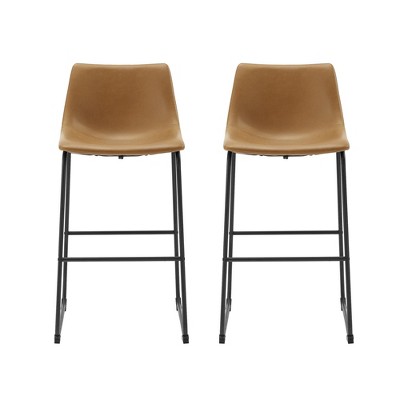 Whiskey Brown Faux Leather and Metal Barstools, Set of 2