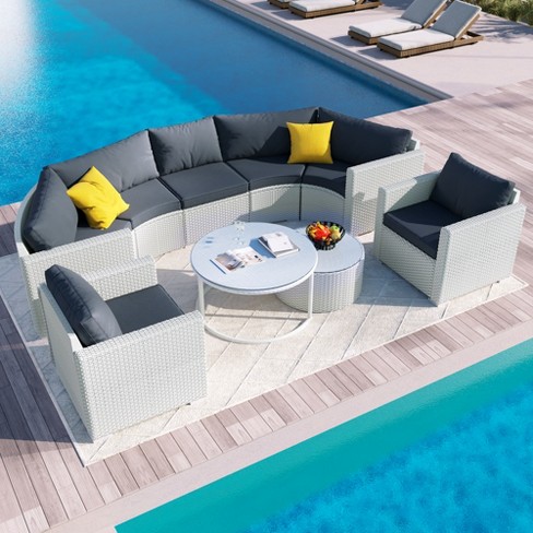 9 Pcs Outdoor Half moon Patio Wicker Sofa Set Patio Pe Rattan