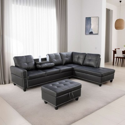 DOMETOUR Modern Black Faux Leather 3 Piece Sofa Set - Sleek & Durable Living Room Furniture