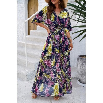 I AM A FASHION JUNKY Floral Print V Neck Waist Cinched Split Long Dress