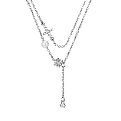 Silver Alloy Cross & Pearl Y - Shaped Modern Unisex Necklace