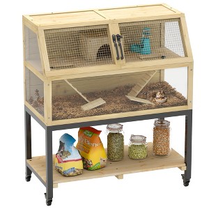 PawHut Hamster Cage on Wheels with Storage Shelf, Seesaws, Water Bottle, Hut & Ramps, for Dwarf, Gerbil, Syrian Hamster, Mouse, 34"L x 17"W x 40"H - 1 of 4