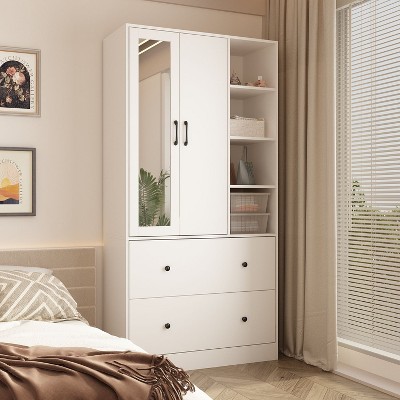 FUFU&GAGA 2 Large Drawer Double Door Wardrobe Display Cabinet with Hanging Bar and Mirror