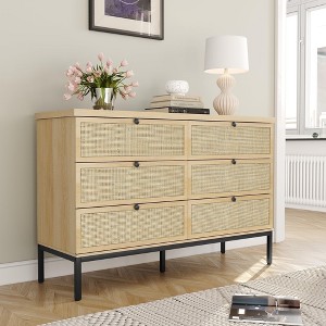 Brafabhome Rattan 6 Drawers Double Dresser Chest, Modern Wicker Chest with Sturdy Steel Legs for Bedroom Living Room Hallway | Beige - 1 of 4