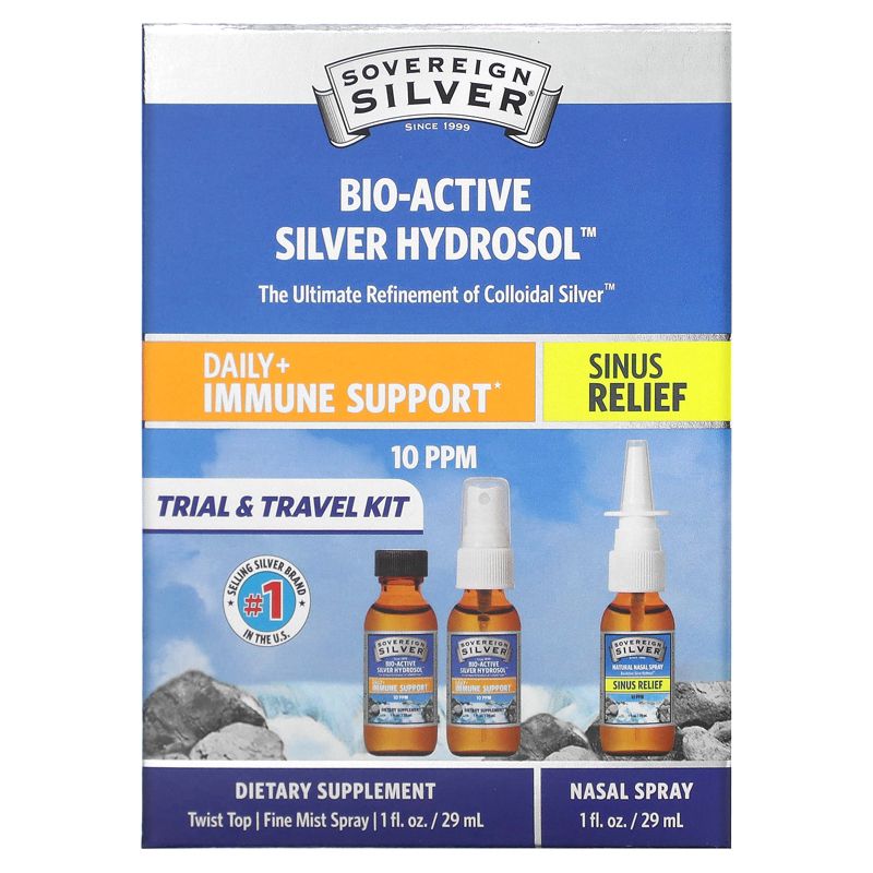 Sovereign Silver Bio-Active Silver Hydrosol, Daily + Immune Support, Sinus Relief, Trial & Travel Kit, 10 PPM, 3 Piece Kit, 1 fl oz (29 ml) Each, 1 of 4