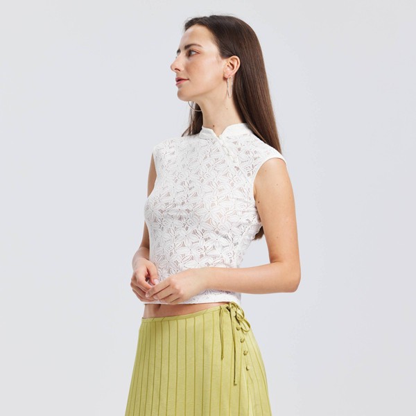 Top de Encaje con Cuello Mandarin y Manga Corta para Mujer - A New Day™ Crema 5