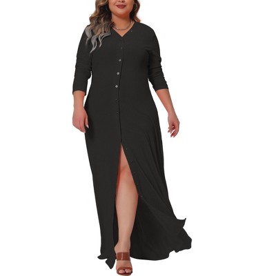 Agnes Orinda Women's Plus Size Side Split Long Sleeve Button Down Beach  Maxi Shirt Dresses Black 1x : Target