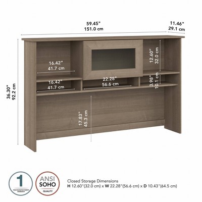 Ash Gray Transitional 60W Desk Hutch with Fluted Glass Door