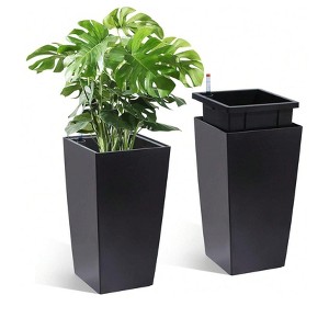 Set of 4 Black Planters (16" tall) with drainage holes, water monitor & inner bucket. Ideal for indoor/outoor porch & patio use. - 1 of 4