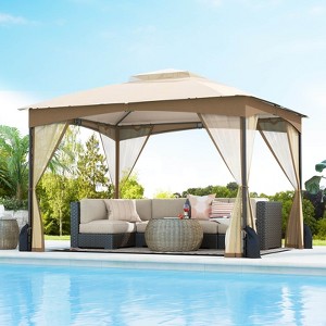 Costway 10 X 10/12 FT Patio Gazebo with Netting Walls 4 Sandbags Zippered Doors Outdoor Gray/Beige - 1 of 4