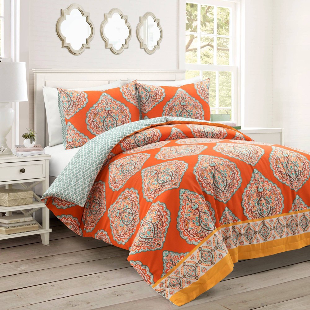 Photos - Bed Linen 3pc Full/Queen Harley Cotton Duvet Cover Set Tangerine - Lush Décor