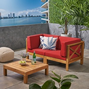 GDFStudio Keith Outdoor Acacia Wood Loveseat and Coffee Table Set with Cushions - 1 of 4