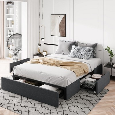 Allewie Platform Bed Frame with 3 Storage Drawers, Fabric Upholstered, Wooden Slats Support, No Box Spring Needed, Noise Free, Easy Assembly