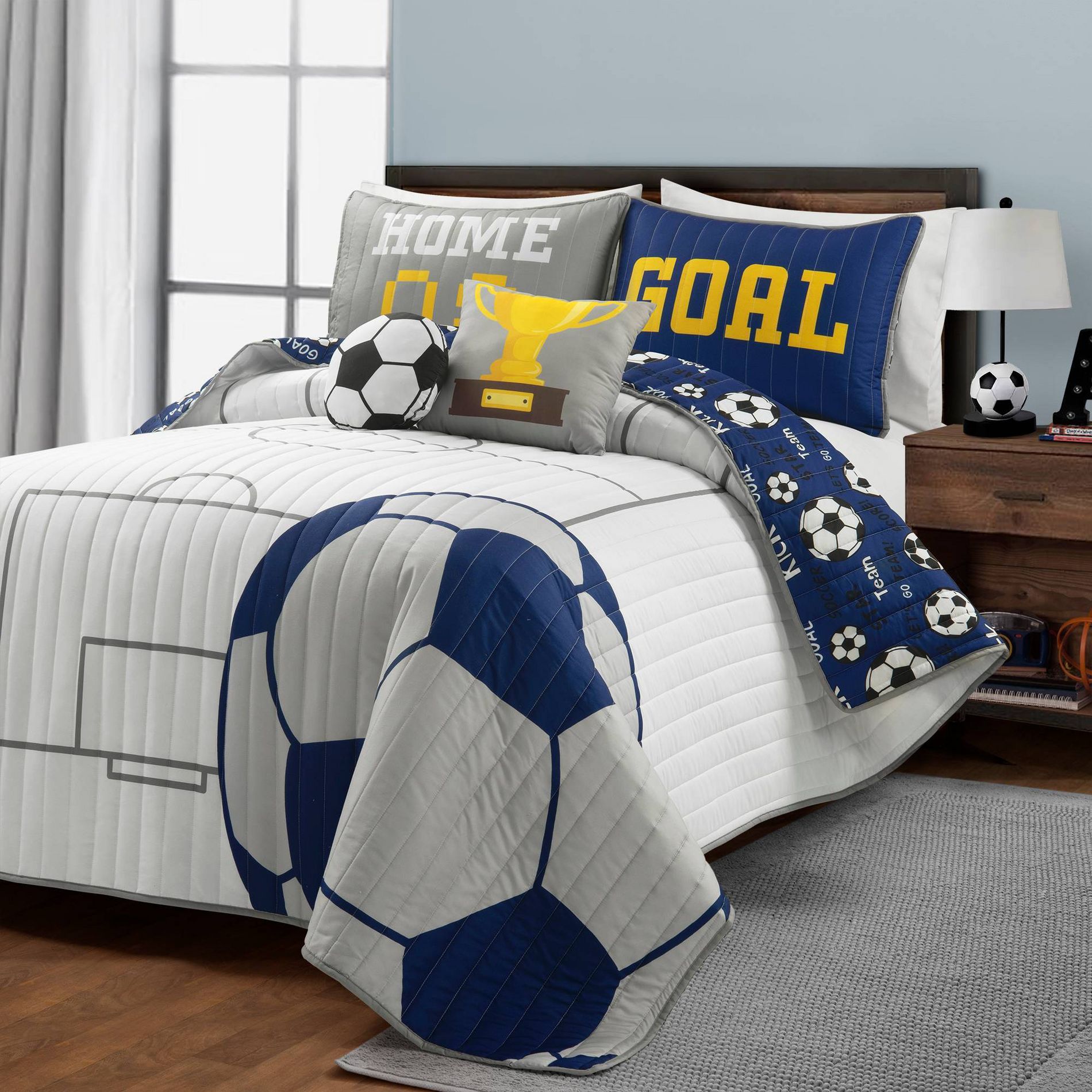 5pc Soccer Game Reversible Oversized Kids' Quilt Set White/Navy Blue - Lush Décor: Boys Sports Bedding, Kids Decor