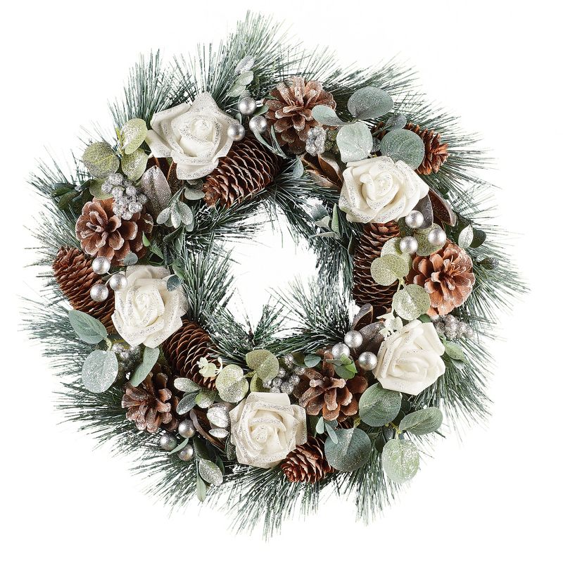 Collections Etc Holiday Winter Rose and Pine Hanging Door Wreath 15" x 3.5" x 15", 1 of 3