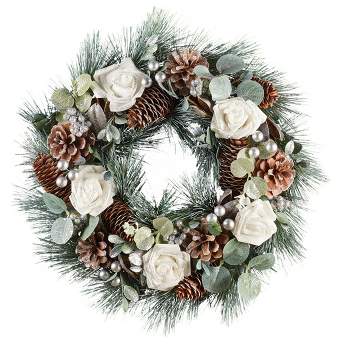 Collections Etc Holiday Winter Rose and Pine Hanging Door Wreath 15" x 3.5" x 15"