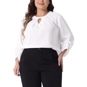 Agnes Orinda Women's Plus Size Pleated Keyhole Neck 3/4 Sleeve Business Casual Blouses - 1 of 4