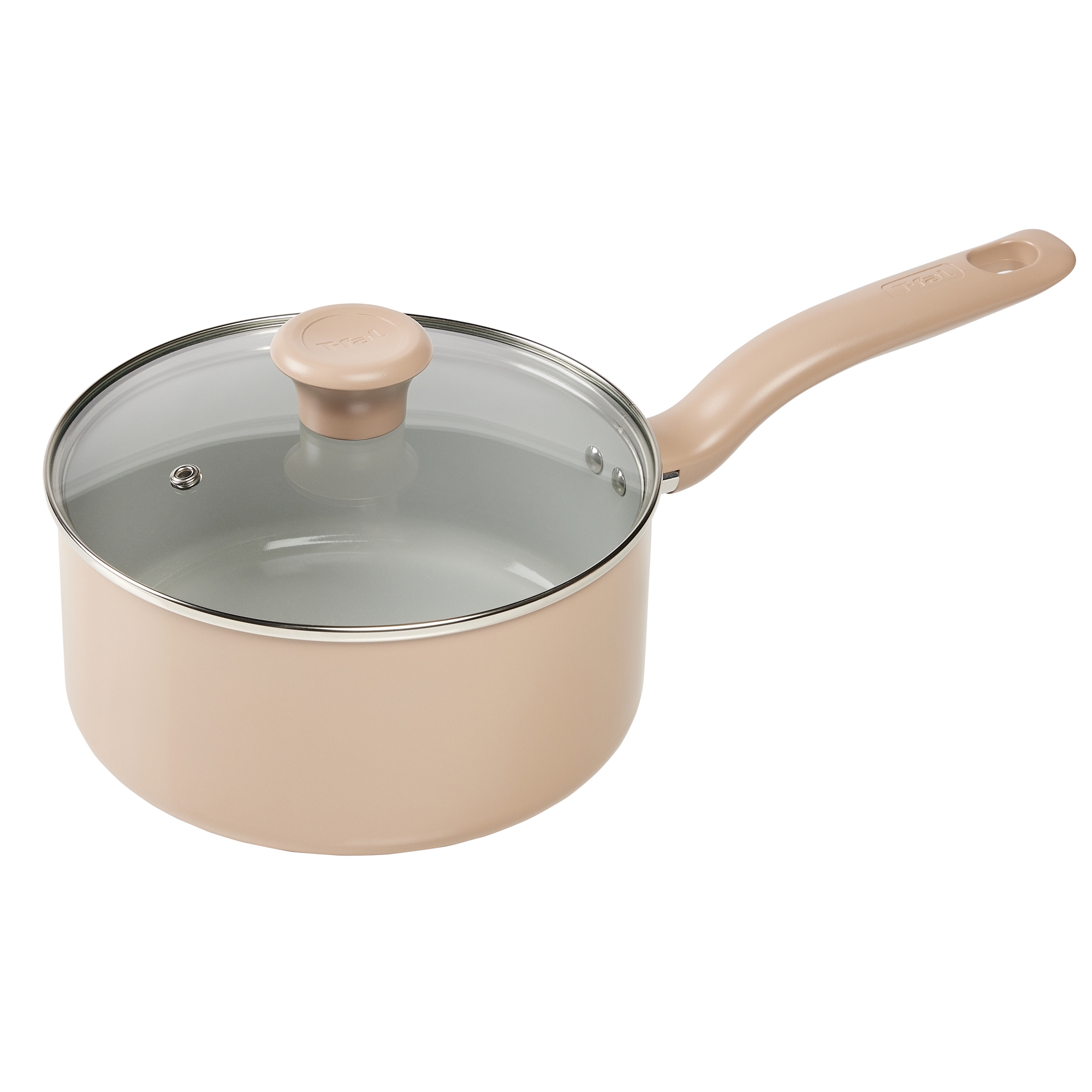 T-Fal 3qt Simply Cook Ceramic Sauce Pan Beige: Tempered Glass Lid, Ergonomic Handle, Oven-Safe, Non-Induction Compatible