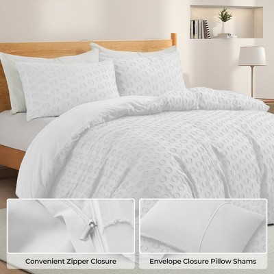 Peace Nest Tufted Clipped Jacquard Geometric Duvet Cover & Pillowcase Set, Circle White, Full/Queen, 90"x90"