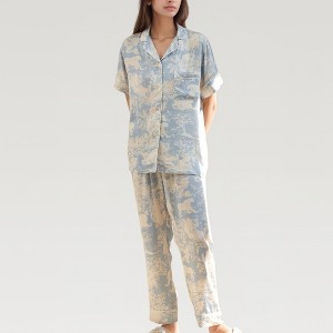 Anna-Kaci Lounge Women's Satin Pajama Set with Short Sleeve Button Up Top and Abstract Animal Print Relaxed Pants - 1 of 4