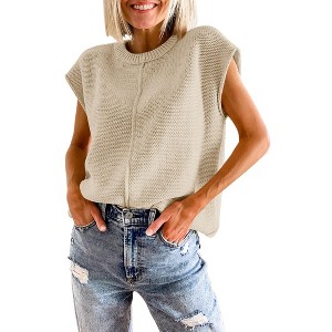 Womens Pullover Sweater Vest Crew Neck Cap Sleeve Loose Fits Sweater Ribbed Knit Tops Solid Sweaters for Women - 1 of 4