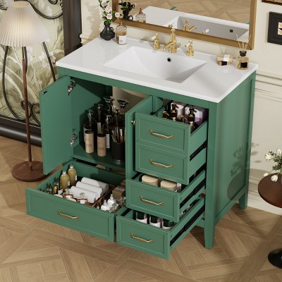 TUYOHW Bathroom Vanity with Solid Pine Frame, 1 Soft Close Door and 3 Drawers, Modern Storage Cabinet